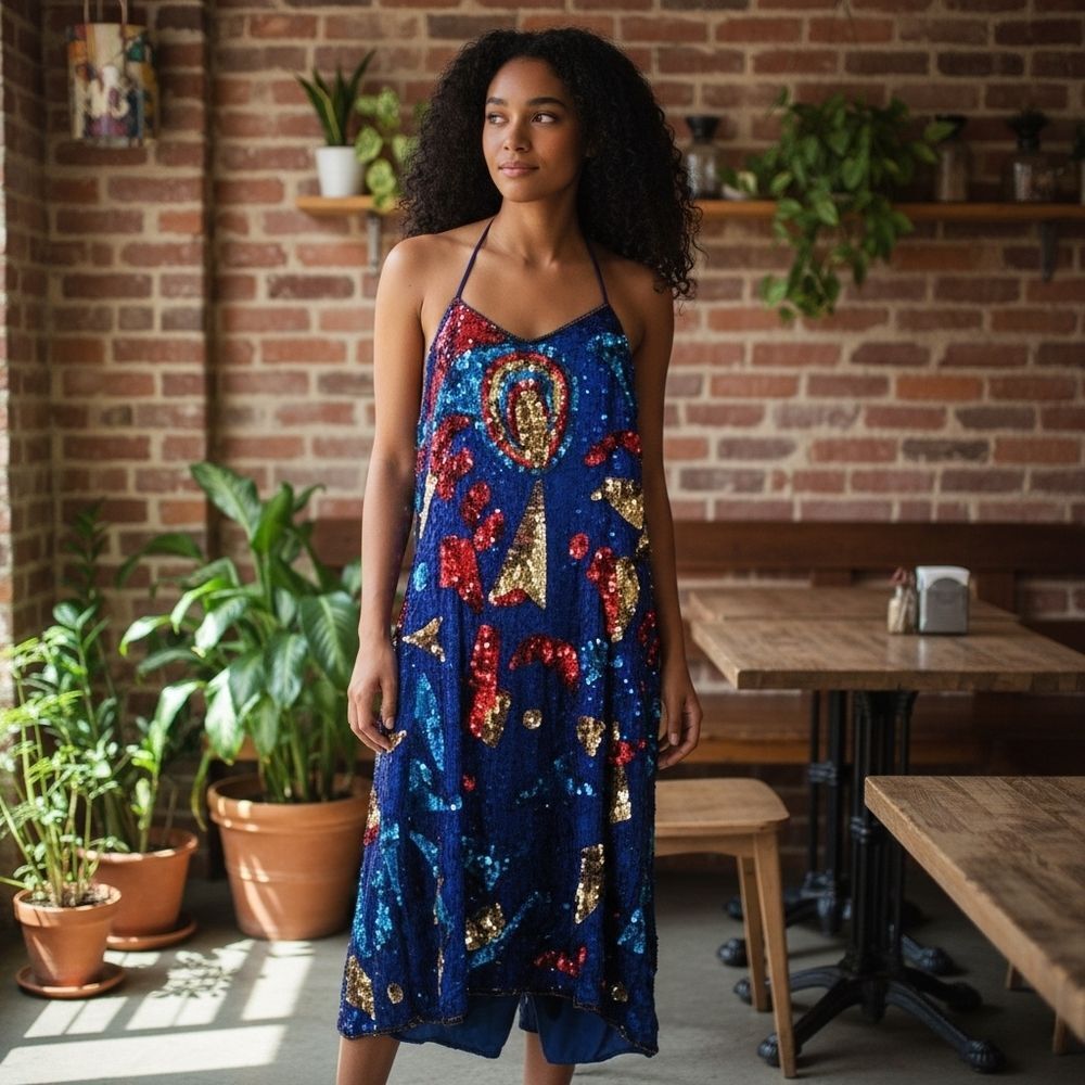 Vintage 1980s-1990s Blue Silk Beaded & Sequin Slip Dress | Night Vogue | XL